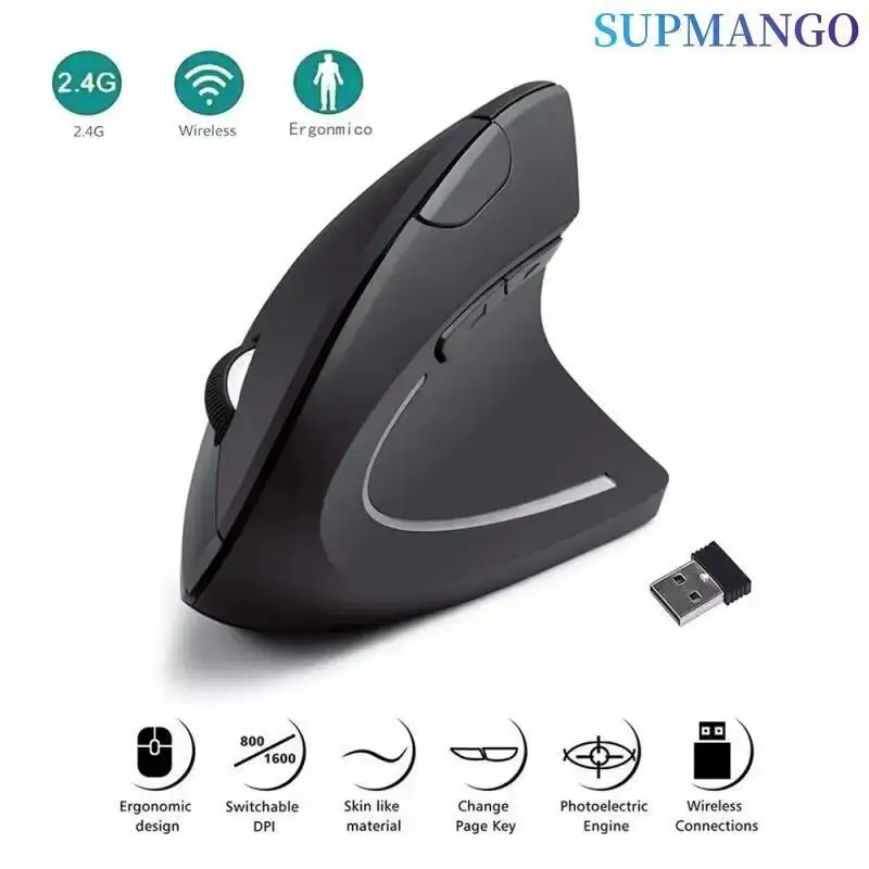 Ratón Vertical ergonómico 2,4 GHz ratón óptico inalámbrico 3 DPI ajustable 800/1200/1600 6 botones para ordenador portátil PC de escritorio