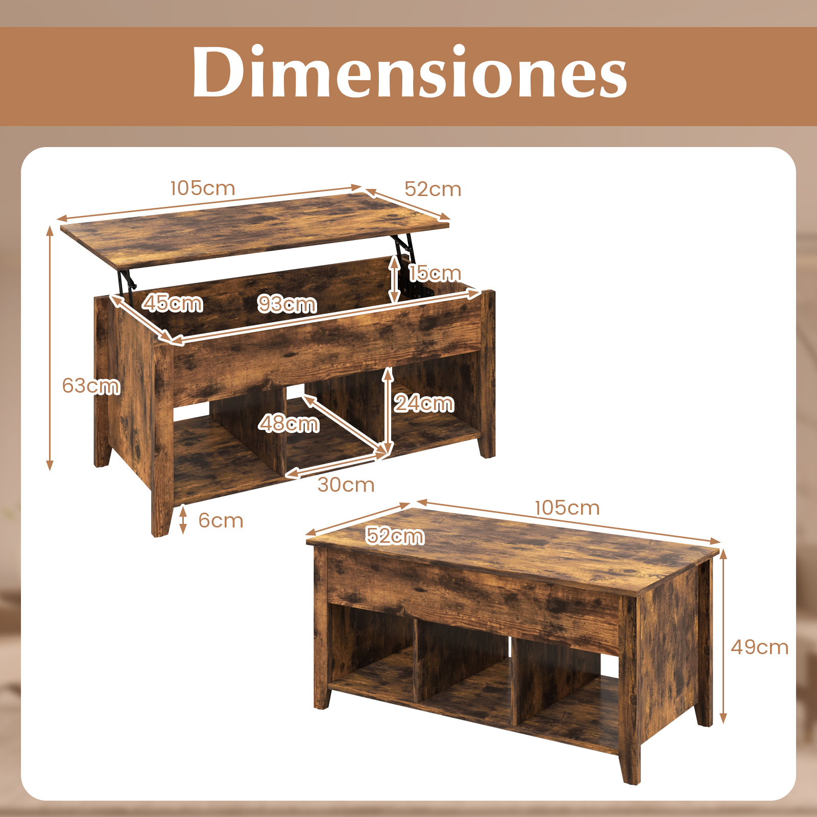 Mesa de Centro Elevable de Madera con Compartimiento 104,5x49,5x48,5 Centímetros Mesa de Café para Salón Jardín