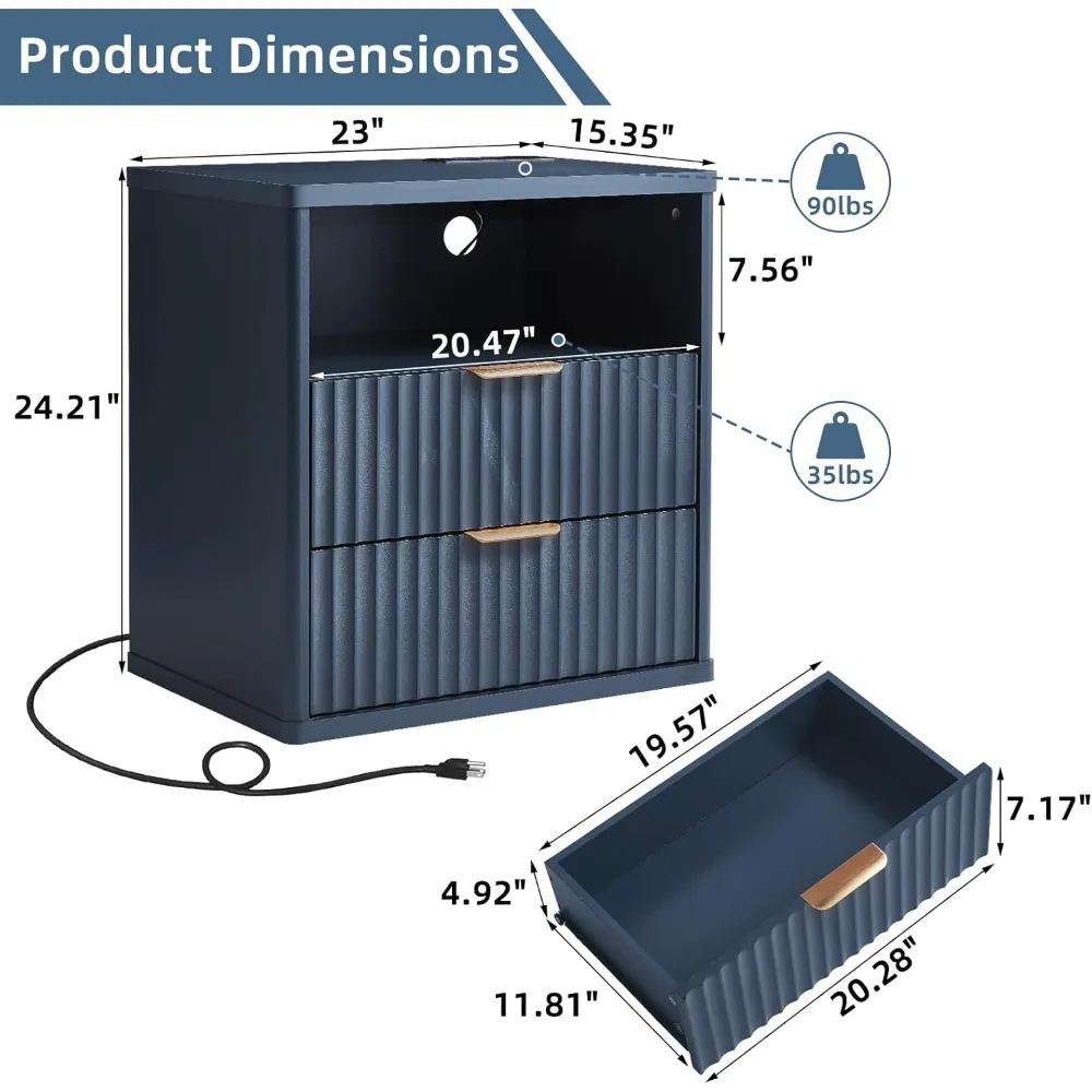 Fluted Nightstand with Charging Station, 23" Wide 2 Drawers End Table, Blue Night Stand with Open Storage Cabinet,Farmhouse Bed