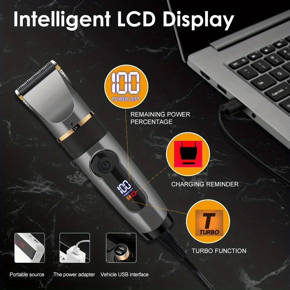 Surker เครื่องตัดผมที่ตัดขนแบบใบมีดเซรามิกสำหรับผู้ชาย, ที่เล็มผมจอแสดงผล LED เครื่องตัดผมชาร์จ USB