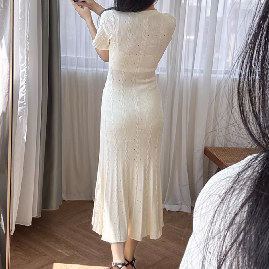 Vestido blanco de punto con huecos para mujer, vestido de fiesta ajustado elegante de manga corta con temperamento de verano 2024 5240125
