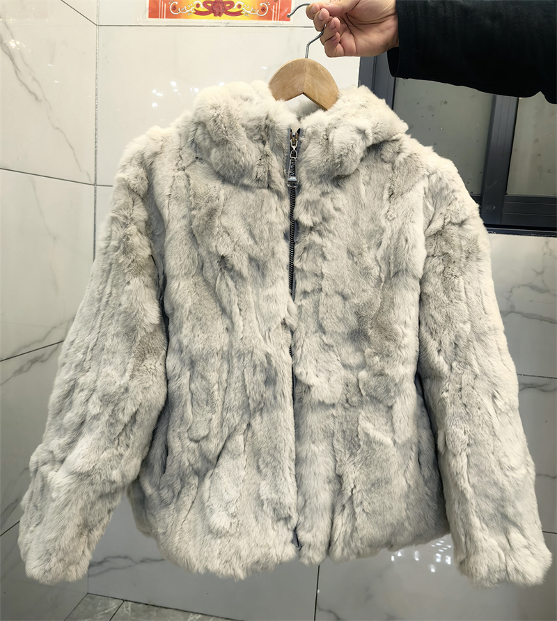 Mulheres inverno solto com capuz zíper jaqueta de pele natural 100% casaco de pele de coelho real grosso quente roupas femininas peludas outerwears
