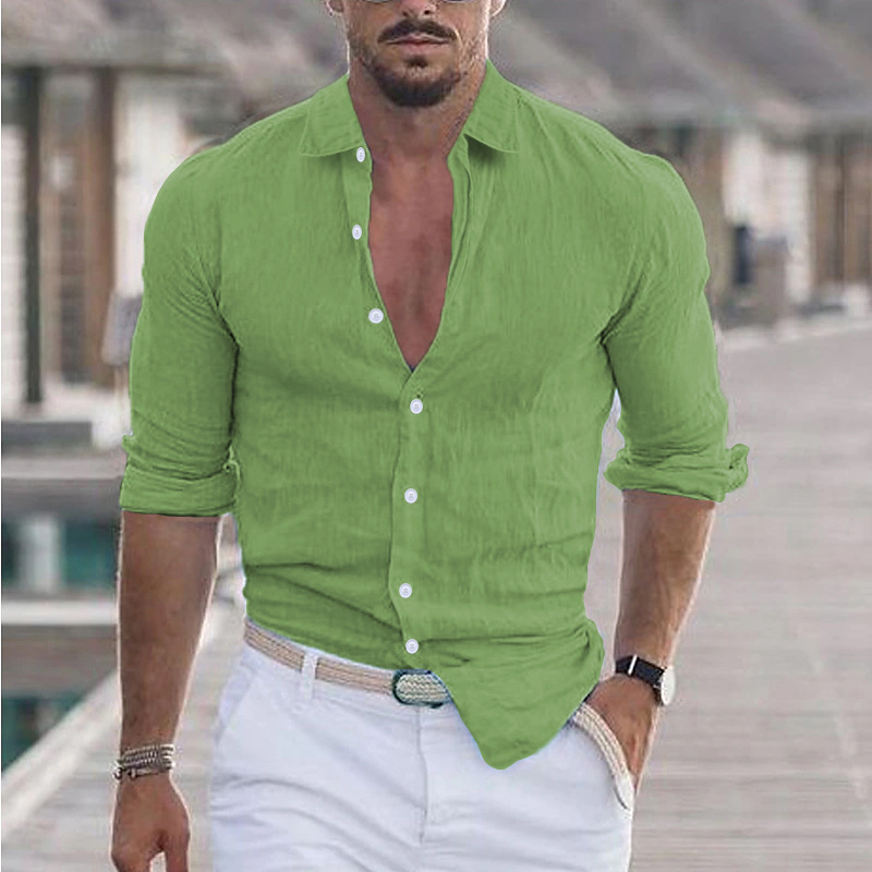 Cárdigan elegante de algodón y lino para hombre, camisa informal de manga larga a la moda con solapa, holgado, suave, cómodo, transpirable, de color sólido