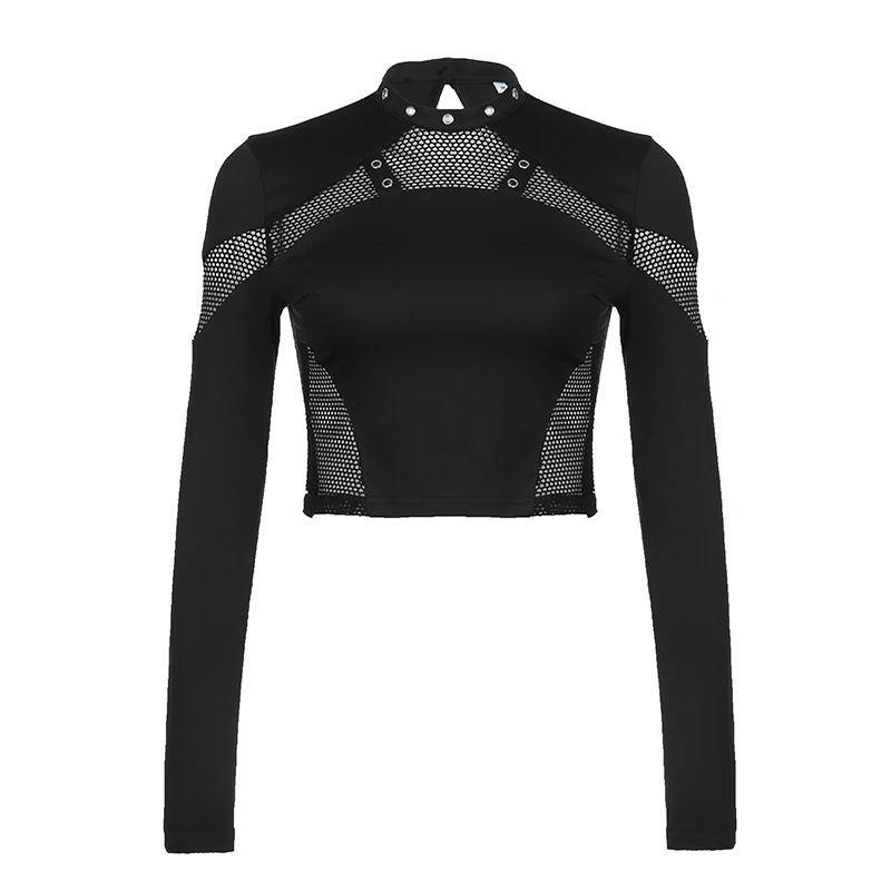 CIBBAR Gothic Black Crop Top Chic ดูผ่านตาข่าย Patchwork แขนยาว Skinny Basic เสื้อยืดผู้หญิง Punk สไตล์เย็บเสื้อ T