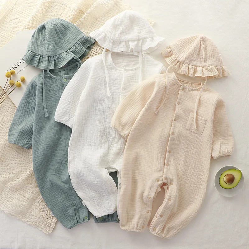Mono de muselina para bebé, sombrero de manga larga de algodón, pelele para niños y niñas, ropa de bebé de Color sólido para primavera y otoño, mono para recién nacido