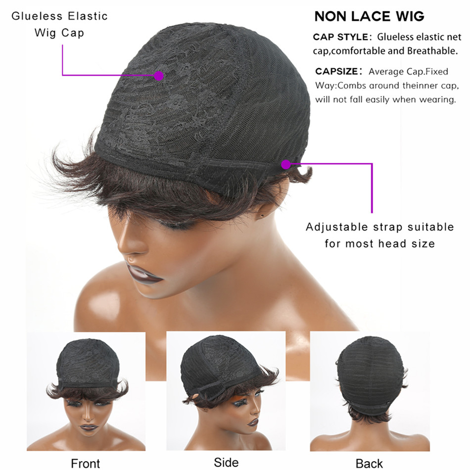 Pelucas de corte Pixie para mujer, peluca Bob corto de cabello humano con flequillo, peluca de corte Pixie en capas, cabello humano brasileño 9A, peluca completa hecha a máquina