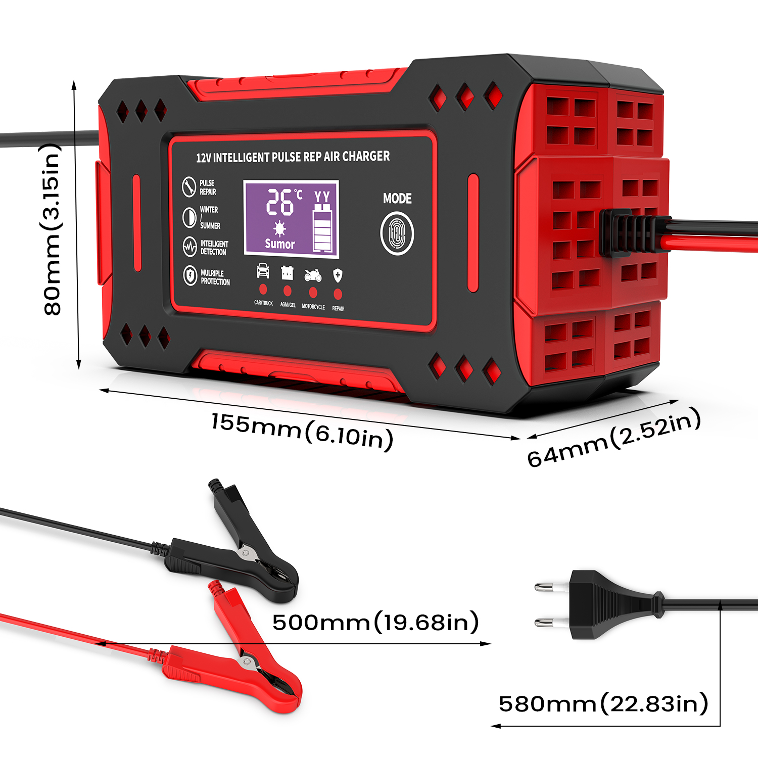 Inteligentna ładowarka samochodowa 6A 12V Ładowarka akumulatorów samochodowych i motocyklowych Naprawa akumulatorów kwasowo-ołowiowych Wyświetlacz LCD