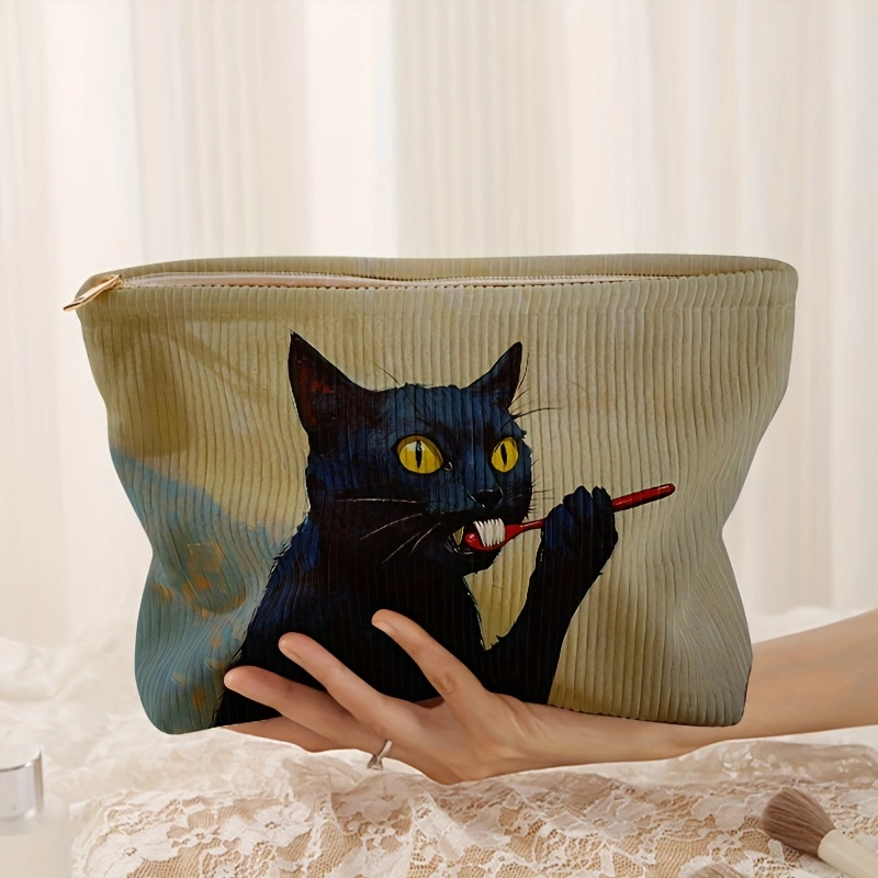 1pc，Black cat patterned corduroy makeup bag, lightweight zipper makeup storage box, multifunctional bag with lining