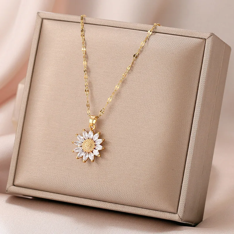 Neue Mode Süße Sex Sonnenblume Edelstahl Halsketten Für Frauen Trendy 18K Gold Überzogene Weibliche Schlüsselbein Kette Schmuck Geschenk