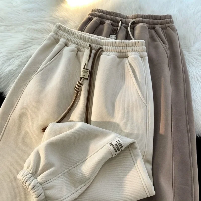 플러시 벨벳과 두꺼운 여성 바지 겨울 의류 거리 캐주얼 포켓 접합 Drawstring 높은 허리 느슨한 스웨트 팬츠