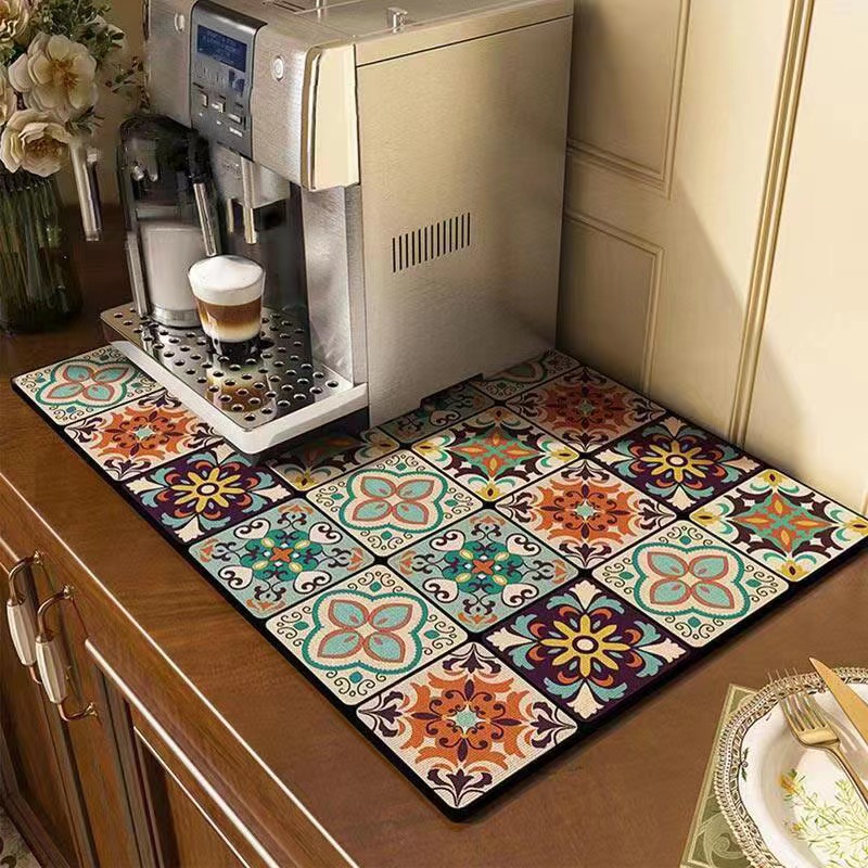 VIKAMA Classical Flowers Diatomite Coffee Machine Absorbent Mat Kitchen Entrance Table Heat Insulation Anti-scald Carpet