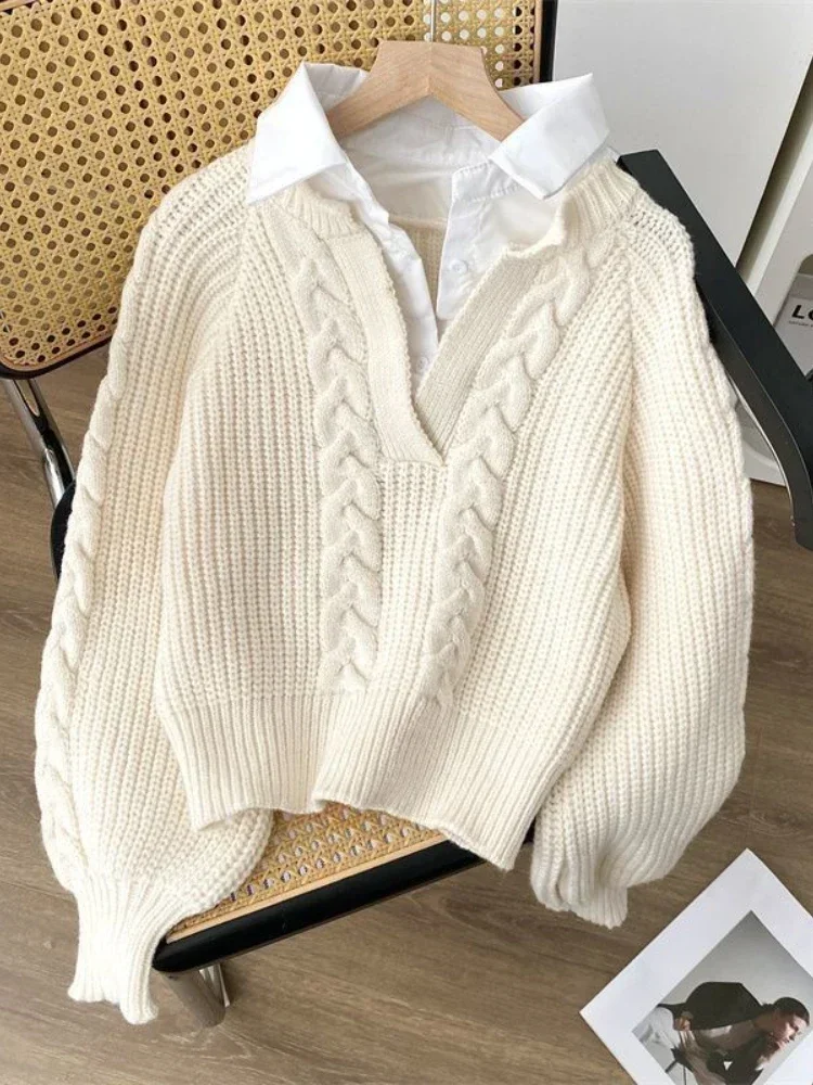 2024 Otoño/Invierno moda nueva mujer estilo de desplazamiento coreano elegante Sudadera con capucha de punto falso cuello de dos piezas Jersey Retro