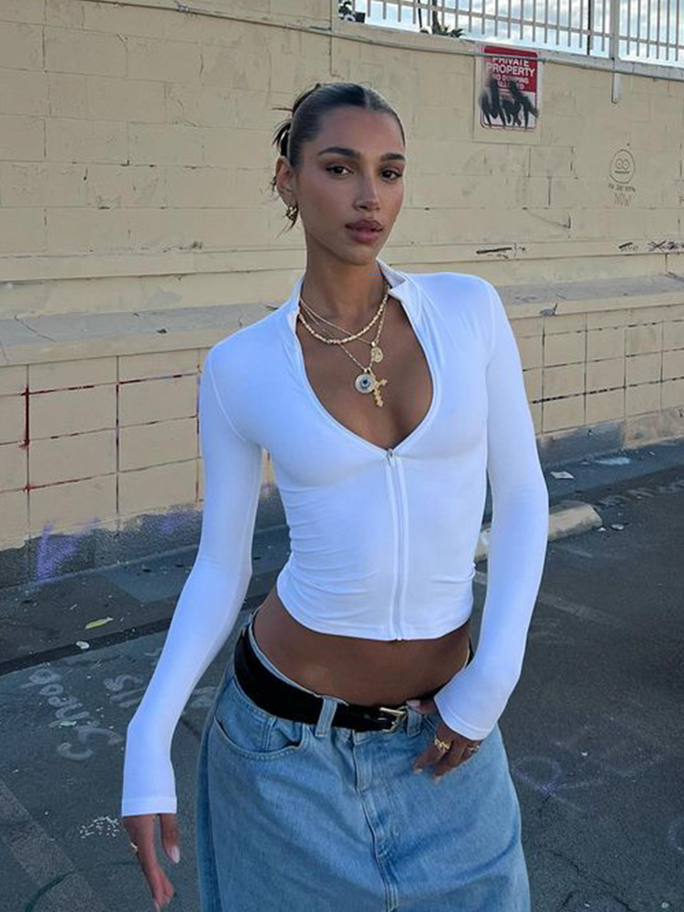 CNYISHE-Combinaisons de batterie à col en V pour femmes, Streetwear mince, Fermeture à glissière longue, Monochromatique, Club sexy, Mode décontractée, Y2k