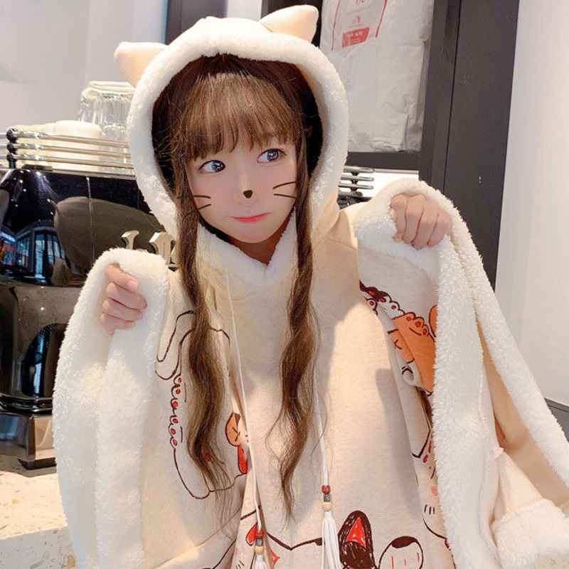 2024, весенне-осенний плащ Harajuku Kawaii, верхняя одежда с капюшоном и ушками, японская флисовая накидка Lucky Cat, свободный пуловер, топ с рукавами «летучая мышь»