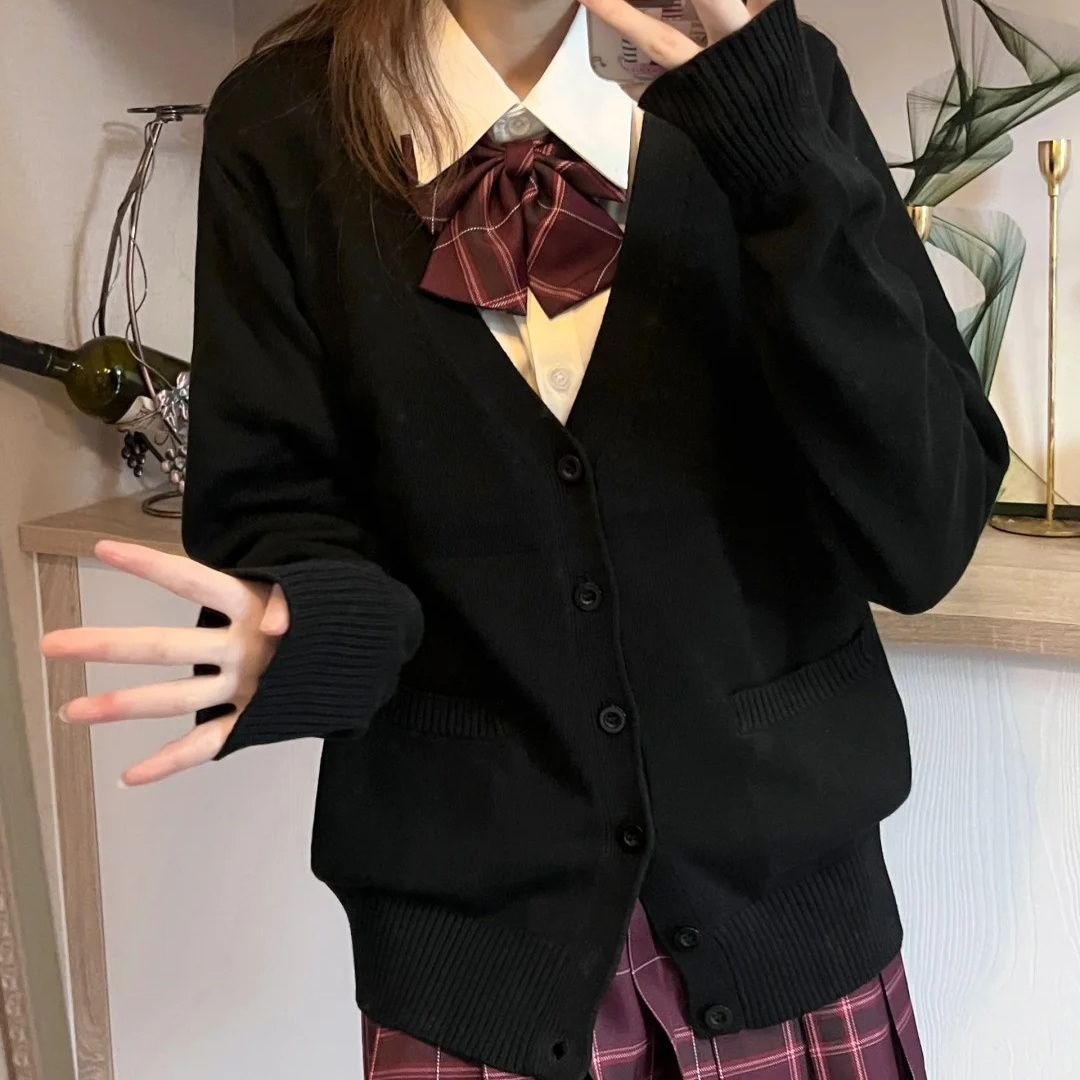 Suéter de punto con cuello en V de color sólido de moda japonesa, cárdigan de uniforme newJK original, suéter de algodón para mujer de otoño e invierno