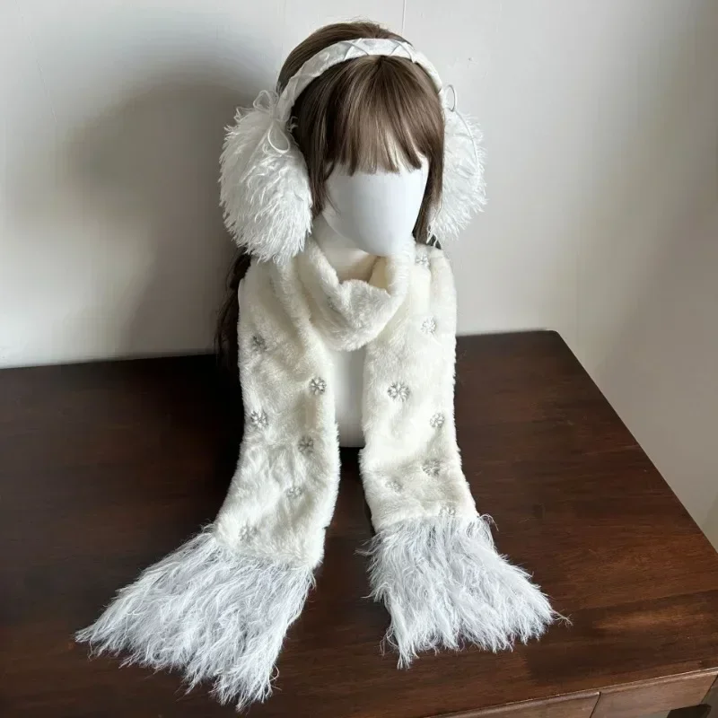 Y2K Peluche Paraorecchie Sciarpa Set Fiocco di neve Dolce Donna Inverno Caldo Pieghevole Fascia Paraorecchie Borsa per le orecchie Lolita JK Accessori