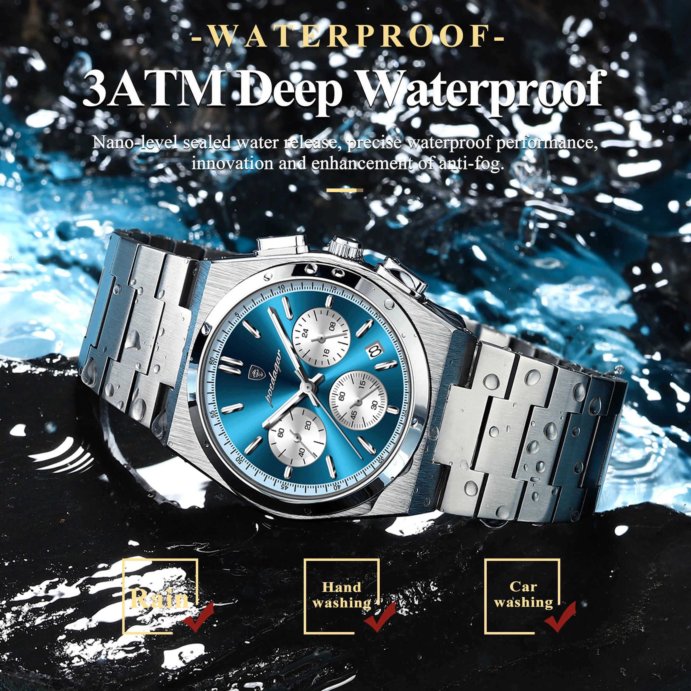 POEDAGAR, reloj de cuarzo de lujo para hombre, reloj deportivo militar para hombre, cronógrafo luminoso resistente al agua con fecha, relojes de acero inoxidable para hombre