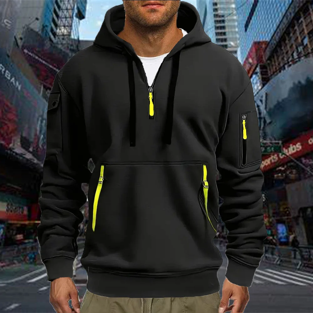 Moletom esportivo casual masculino primavera outono moda cor sólida pulôver de manga comprida com bolso no braço e corda de tração plus size