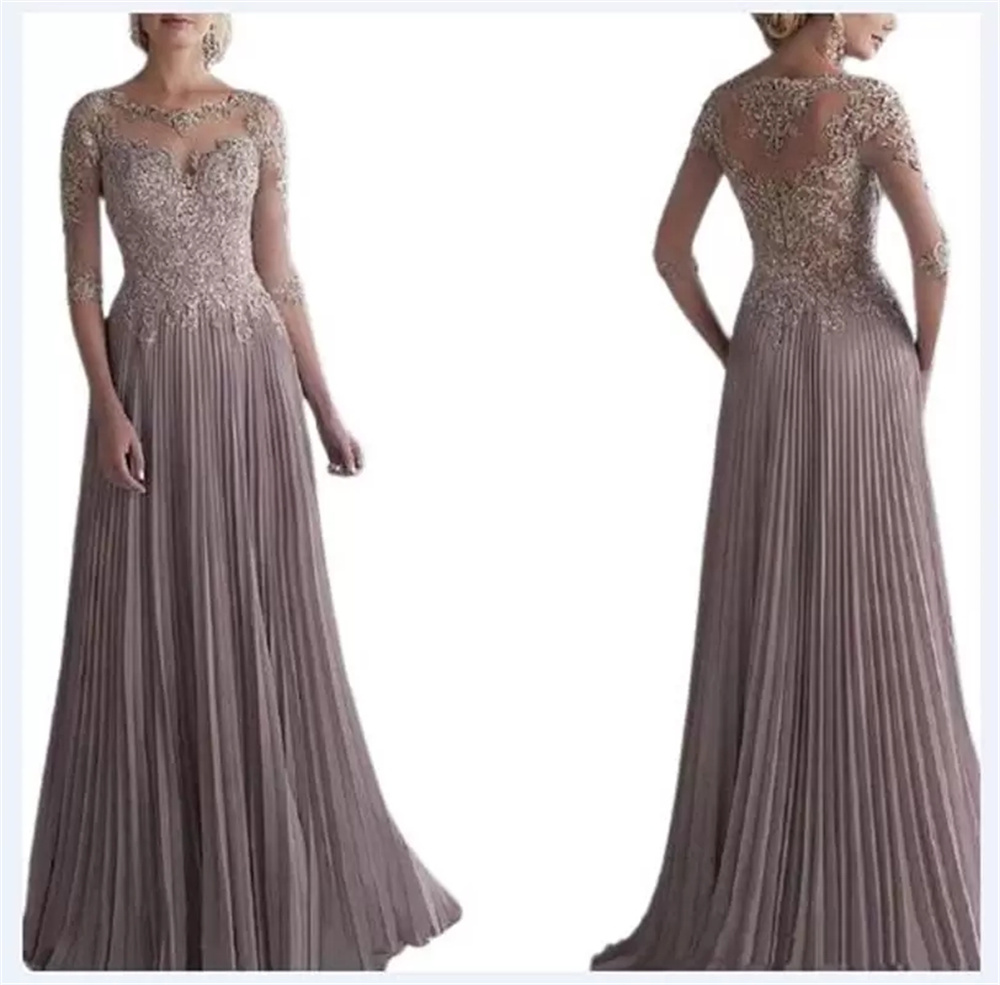Robe mère du marié en mousseline De soie plissée et dentelle, ligne A, avec manches 1/2, longue robe De mariée, 2023