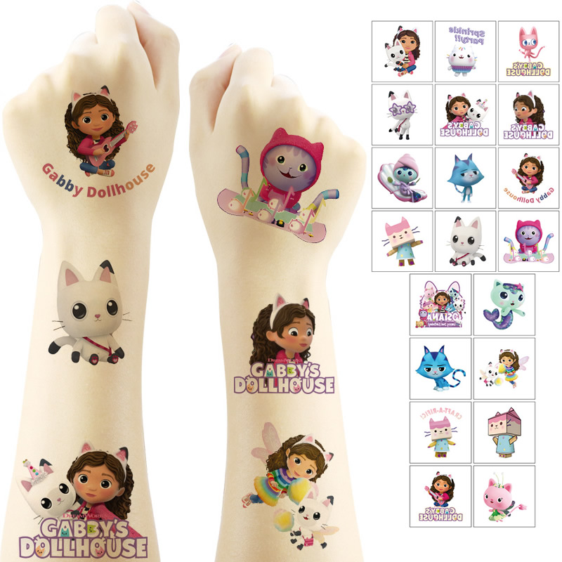 20 piezas Kawaii Gabby casa de muñecas gatos tatuaje pegatinas lindo dibujos animados Anime niños tatuajes impermeables paquete de pegatinas niños niña regalo juguete