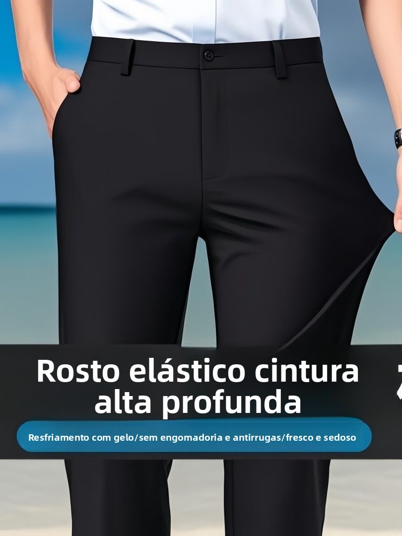 Calças Masculinas de Seda Gelada Ultrinas e as, Corte Reto Solto, de Alta Elasticidade para Uso Casual de Negócios
