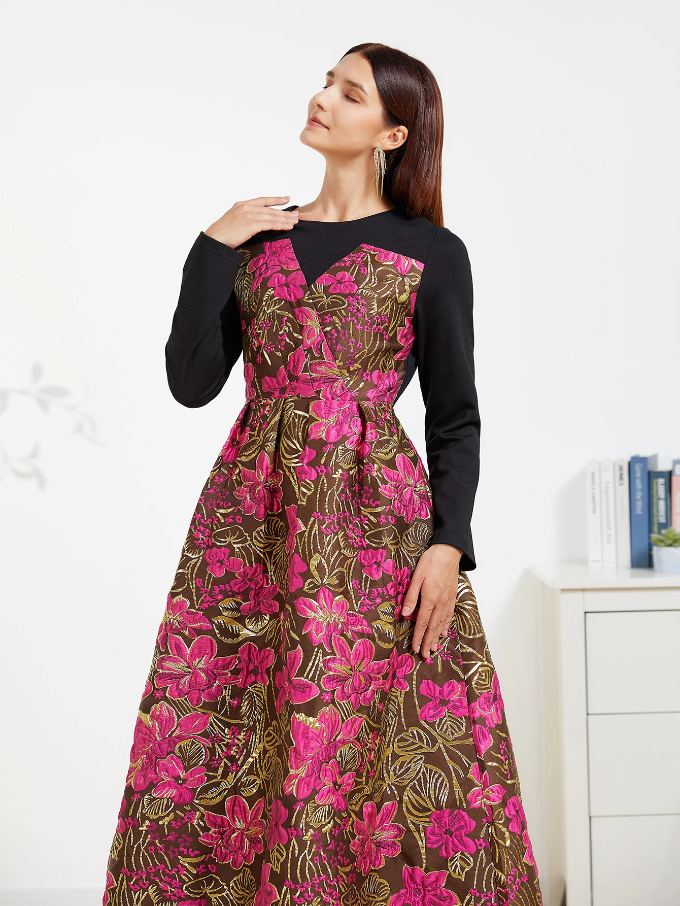 Elegante Frauen lange Maxi Jacquard Kleid neue Party Abend gespleißt Frühling Herbst Vintage Blumen Ballkleid