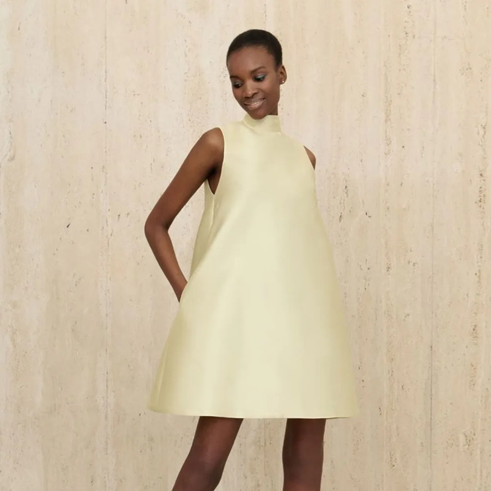 SERENDIPIDTY-vestido de fiesta de línea a sin mangas con cuello alto, traje de satén con lazo, amarillo claro, hecho a medida, Ever Pretty
