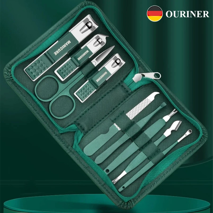 Juego de manicura verde con Funda de cuero, kits de herramientas profesionales para el cuidado de los pies y la cara, cortaúñas de acero inoxidable, regalo