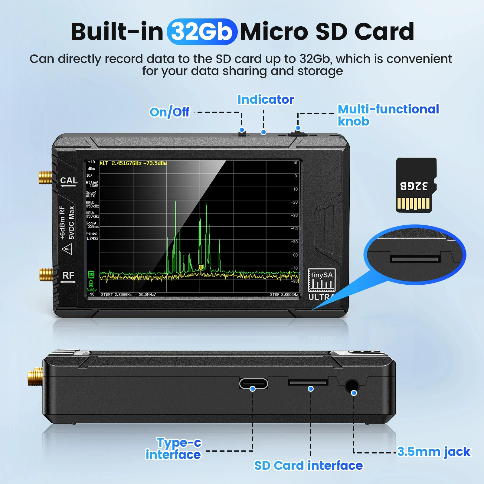 Spectrum Analyzer TinySA ULTRA With 4" Display 100kHz to 5.3GHz with 32GB Card Version V0.4.5.1