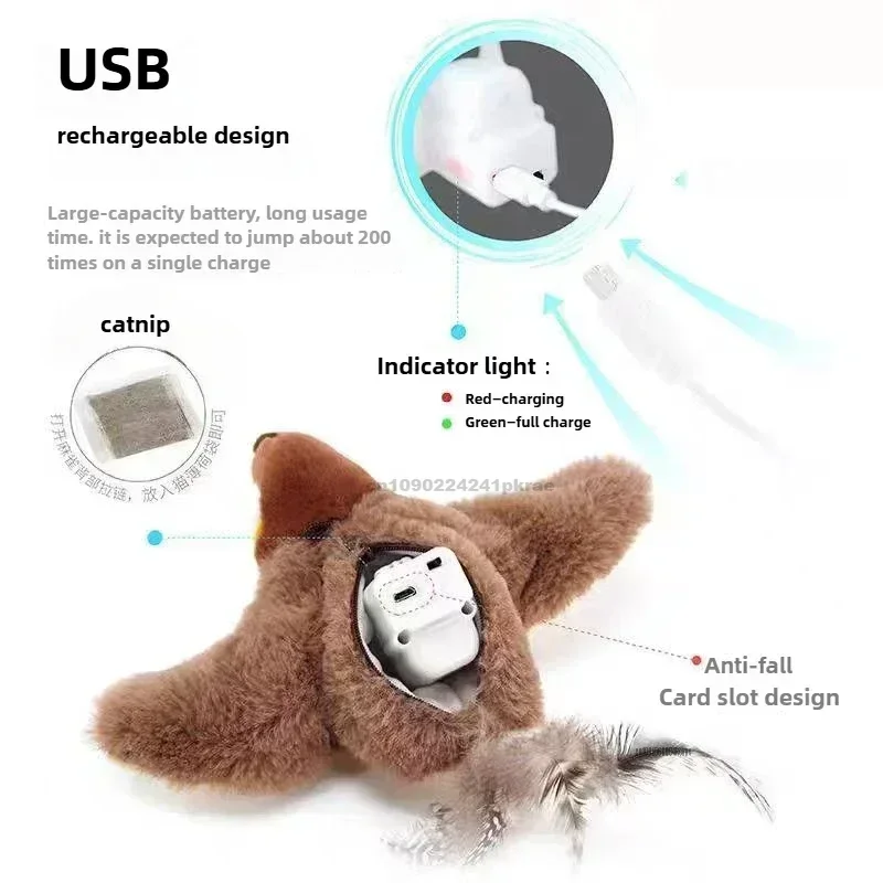 Interactief kattenspeelgoed Oplaadbare vliegende vogel Kattenspeeltje Tjilpen Klapperende vogel (geen vliegen) Kan Catnip Touch-geactiveerd knuffel toevoegen