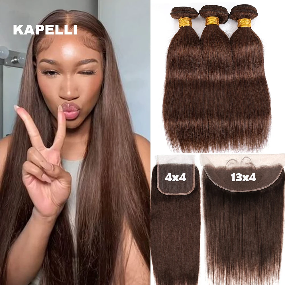 Straight Hair Bundles with Frontal Brown Human Hair Weave Bundles with Closure 4X4 13X4 Remy Bundles and Closure Hair Extension