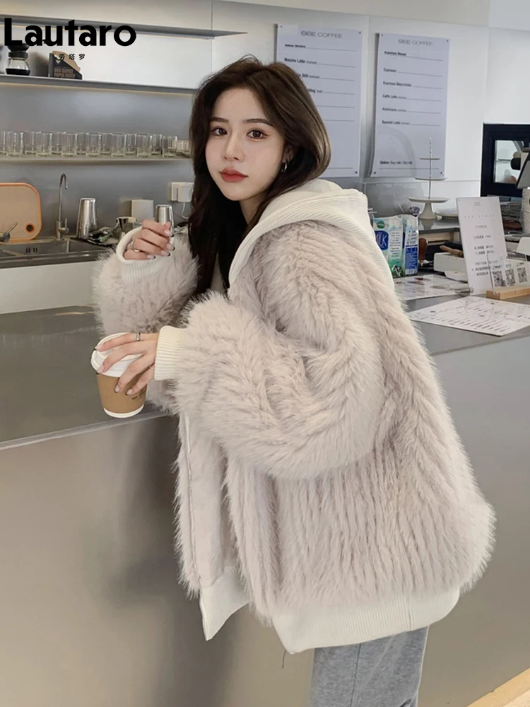 Lautaro automne hiver ample décontracté poilu Shaggy doux chaud fausse fourrure manteau femmes avec capuche fermeture éclair manches longues mode coréenne 2022
