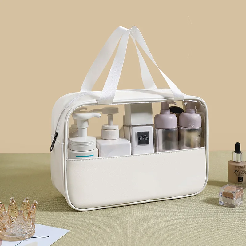 Borsa per cosmetici con cuciture ricamate personalizzate Borsa da bagno in PVC traslucido di grande capacità Borsa da viaggio portatile impermeabile in PU