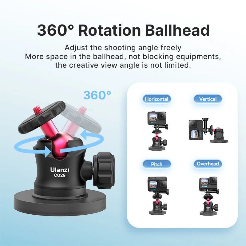Ulanzi CO29 Magnetic Action Camera Mount with 360° ballhead Gopro Adapter 1/4'' Screw for Gopro Insta360 Smartphone Holder Vlog