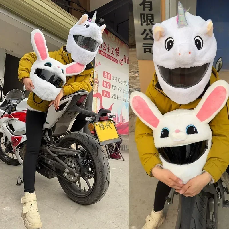 Cute Motorcycle Helmet Cover Cartoon Plush Helmet Hat Suitable for LS2 Long Eared Rabbit Fun Riding Helmet Protective Cover