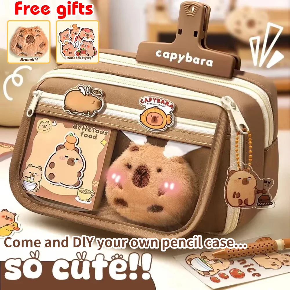 Bolsa de lápices de gran capacidad, bolsa de soporte de papelería de lona de dibujos animados de capibara con broches, pegatinas, clips, llaveros, estuche de bolígrafo para niños