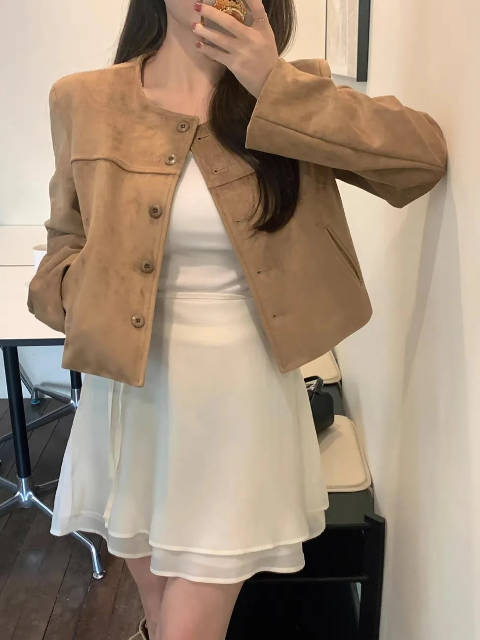 Jaqueta Retro de Camurça com Botão Único para Mulheres, Estilo Casual de Primavera, Outono e Inverno, Espura Regular