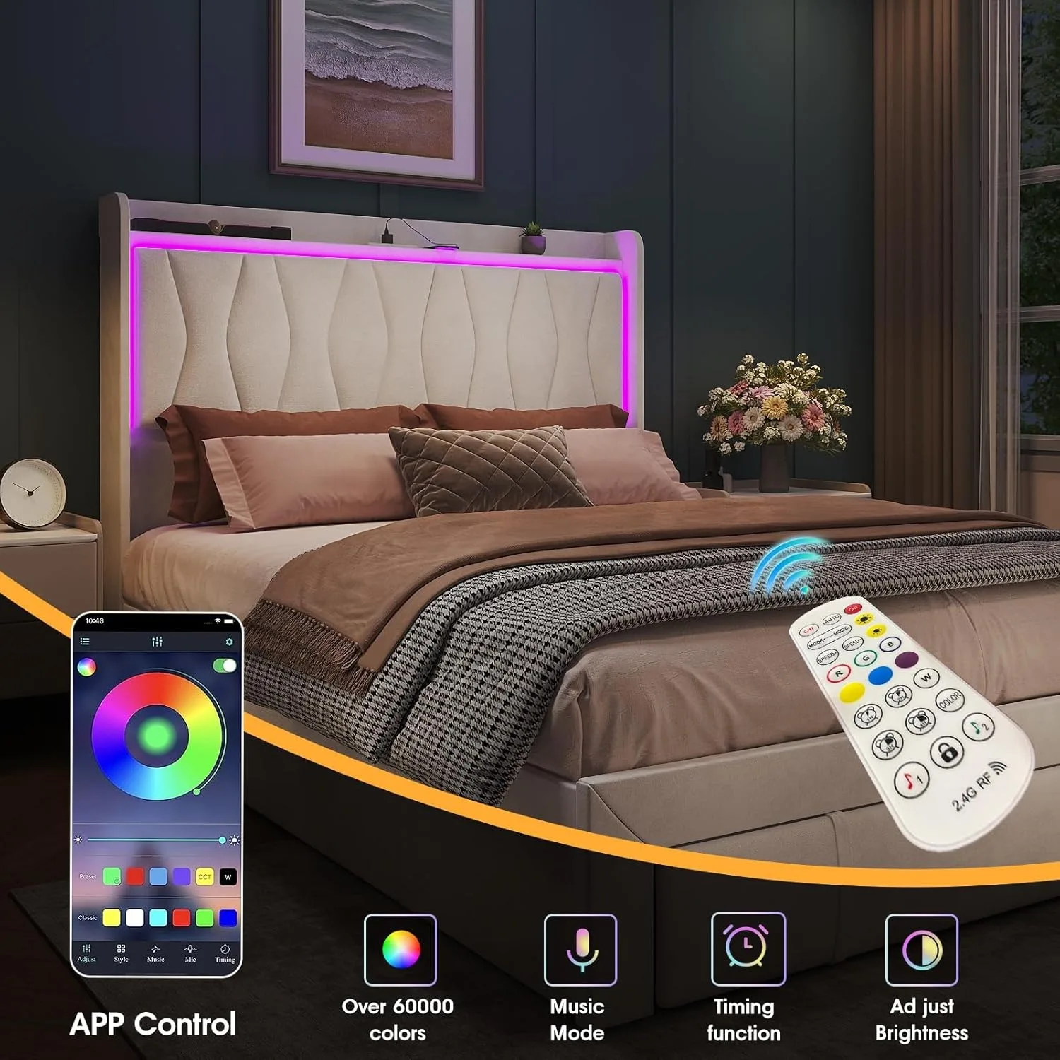 Queen Size Bed Frame with LED Light and 3 Drawers Storage, Upholstered Velvet Platform Bed Frame with Charging Station