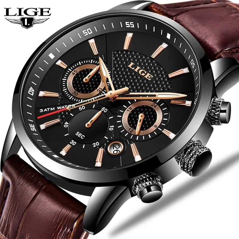 LIGE hommes montres de luxe étanche militaire Sport homme montre chronographe en cuir véritable hommes Quartz montre-bracelet Relogio Masculino