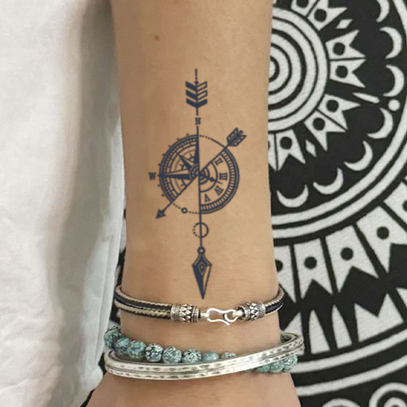 1 peça de bússola e relógio adesivos de tatuagem temporária à prova d'água, à prova d'água de longa duração para uma a duas semanas, para braço masculino e feminino.