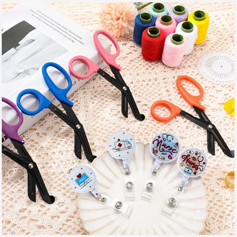 1 Pc Trauma Scissors with 1 Cute Nurse Element Retractable Badge Reel, Bandage Scissors for Nurses,Safety Scissors