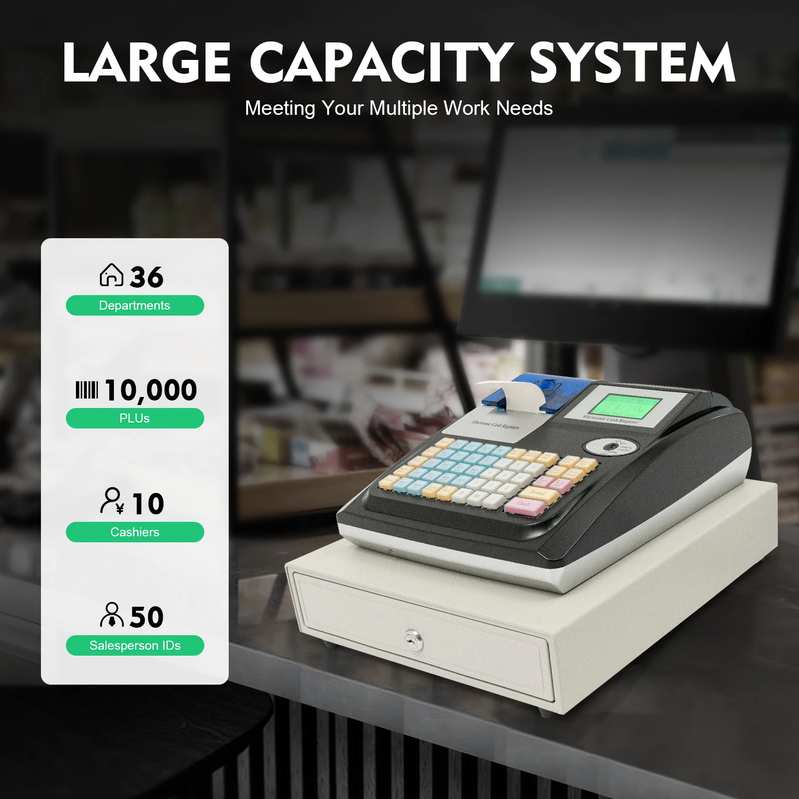 Electronic Cash Register with Drawer Box Intelligent cash register computer Digital LED Display 48-Keys POS Cashier