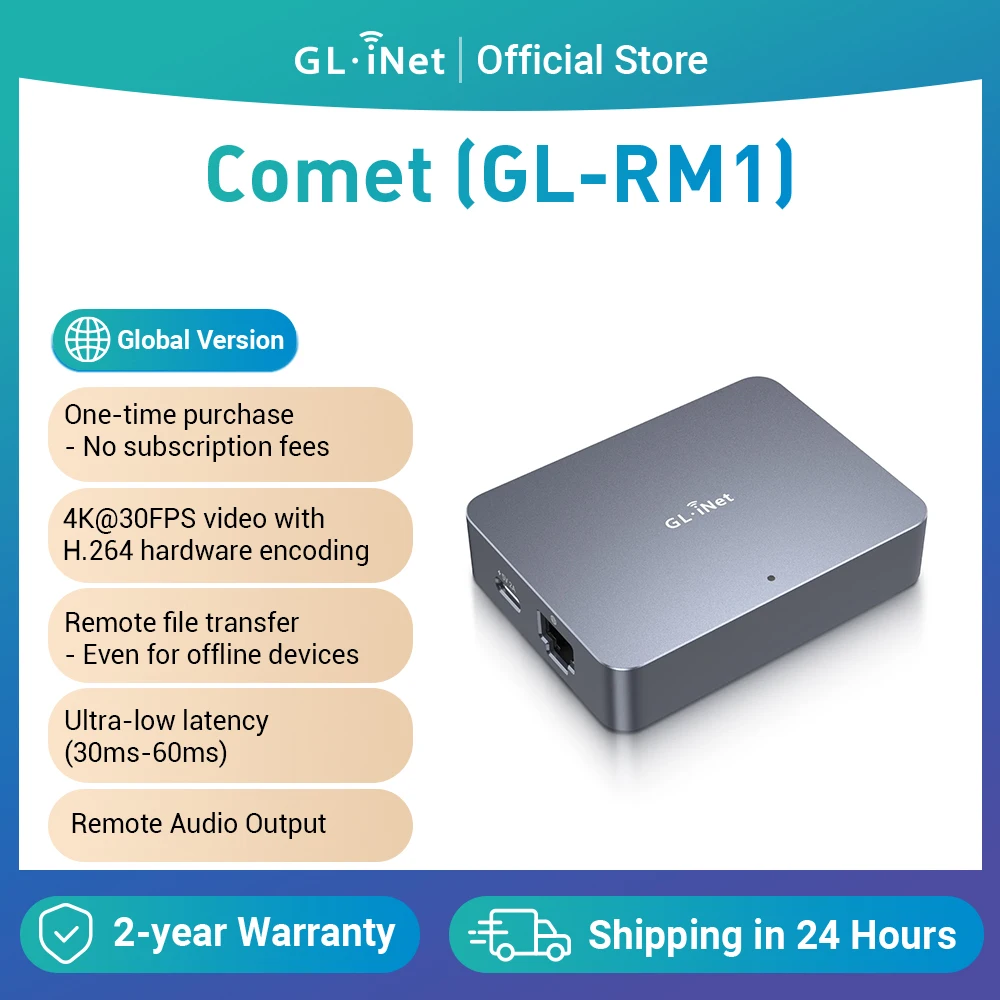 GL.iNet Comet (GL-RM1) Дистанционное управление KVM через Интернет 4K при 30 кадров в секунду Поддержка хвостовой шкалы Дистанционная клавиатура Видеомышь
