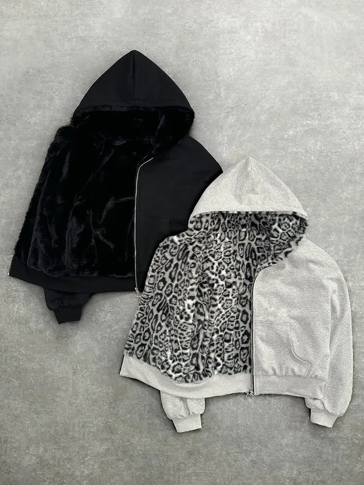 Sudadera con capucha Unisex con bolsillo con forro con estampado de leopardo, chaqueta suelta, sudadera con cremallera, estilo streetwear