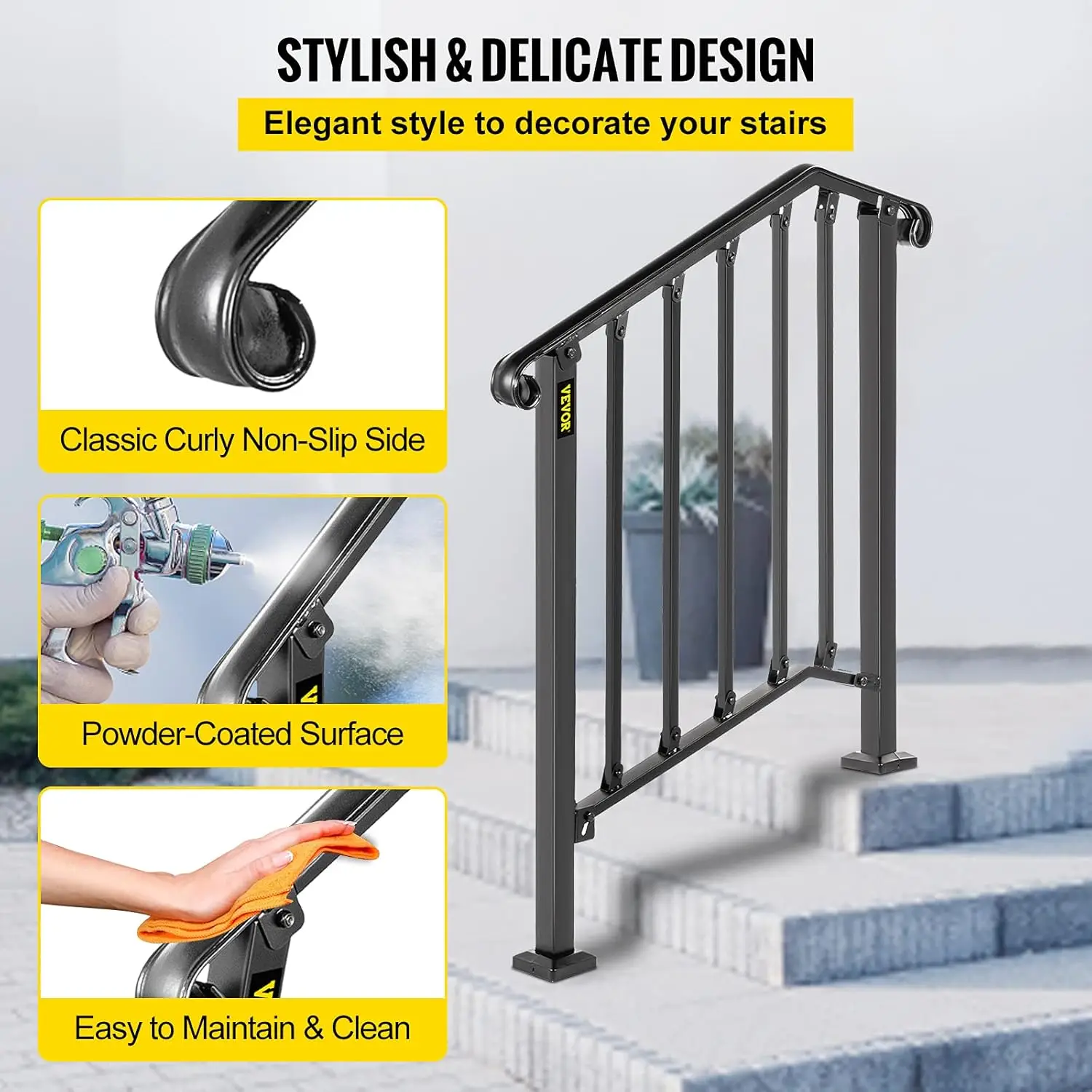Handrails for Outdoor Steps, Fit 3 Steps Outdoor Stair Railing, Picket#2 Wrought Iron Handrail, Flexible Porch Railing