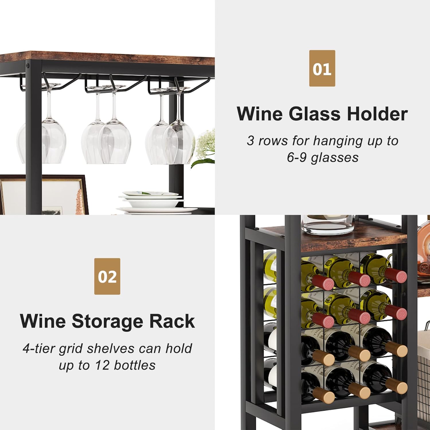 Wine Rack Freestanding Floor, Industrial Wine Display Shelf Wine Bar Cabinet for Bar, Kitchen, Dining Room, Rustic Brown