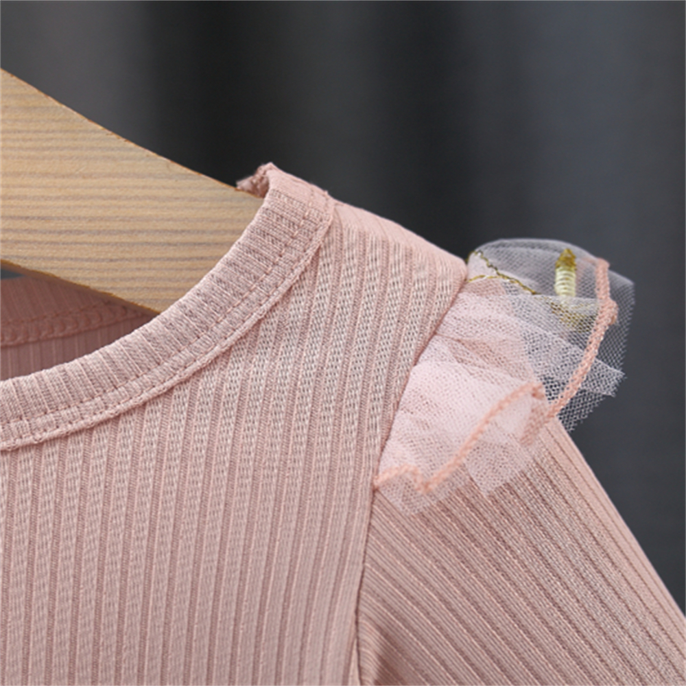 Neues süßes langärmliges Mädchen kleid Frühling und Herbst Baby einfarbiges Oberteil, das zwei Bogen blumen netz kleid spleißt