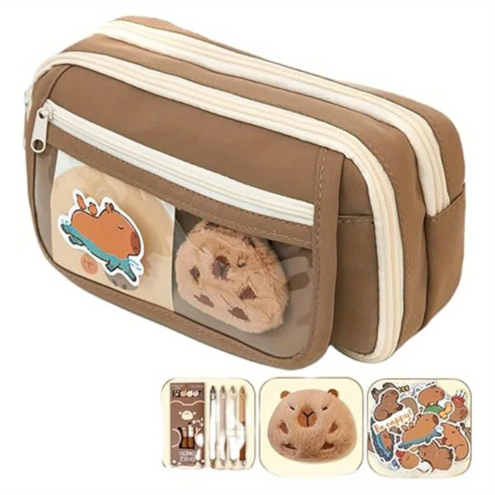 Mochila capivara de desenho animado com estojo de lápis, mochila estética fofa kawaii de grande capacidade, material de nylon, fecho com zíper