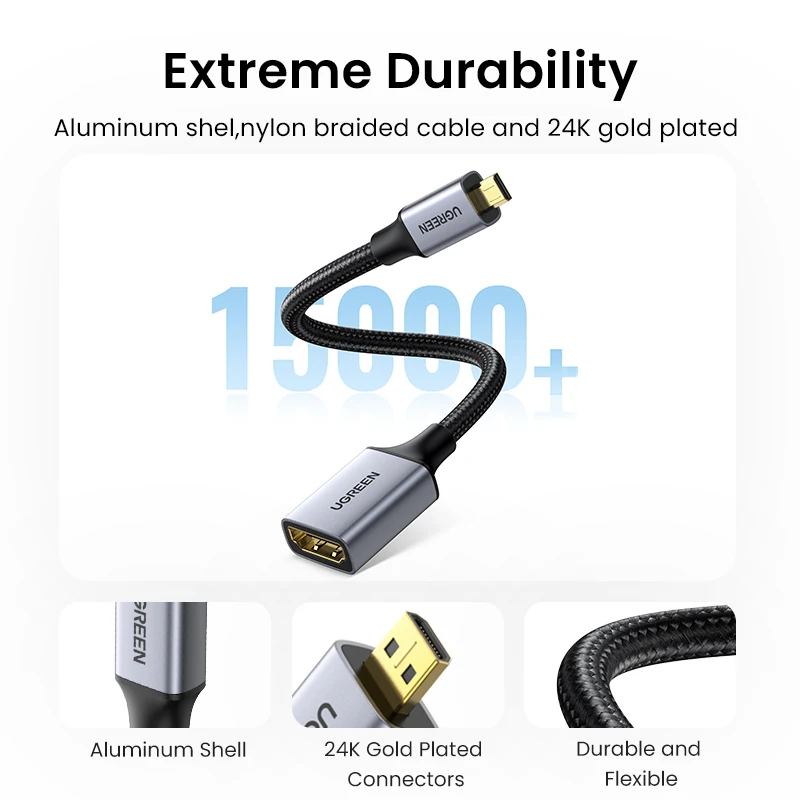 UGREEN-adaptador Micro HDMI Compatible con HDMI, 4K/60Hz, 3D, para GoPro Hero 7, Raspberry Pi 4, Sony, Nikon, Cable trenzado 4K