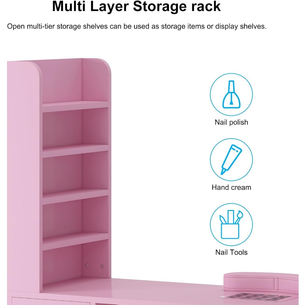 Manicure Table, Professional Nail Table for Nail Tech with Side Cabinet and Large Drawers, Nail Workstation with Dust Collector